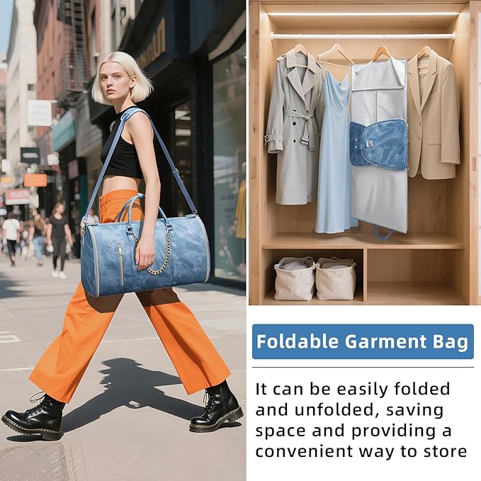 Garment Duffle Bag for Travel, Convertible 20.5×10×12.5 Inch Carry On Garment Bag for Women, Foldable Travel Bags with Shoe Compartment & Toiletry Pocket for Business Trip, Vacation, Blue