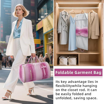 Convertible Garment Duffle Bag for Women, Foldable 2-in-1 Carry On Travel Bag with Shoe Compartment & Toiletry Pocket, PU Leather Stylish Garment Bags for Business Trip, Vacation, Pink-White