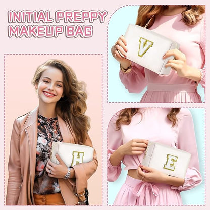 TOPEAST Birthday Gifts for Girls, Travel Makeup Bag Chenille Letter Pouch Cosmetic Bag, Makeup Travel Organizer, Monogrammed Bridesmaid Gifts for Women, Cute Stuff for Girls (White J)