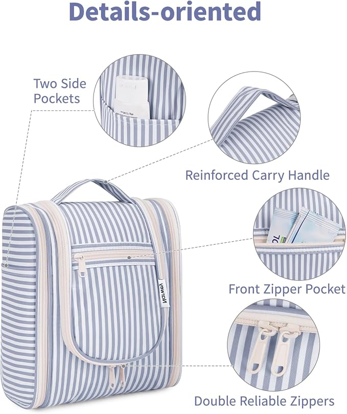 Narwey Small Striped Hanging Travel Toiletry Bag for Women, Travel Bag for Toiletries, Makeup Bag Organizer Cosmetic Bags Make Up Bags for Women (Greyish Blue Stripe)