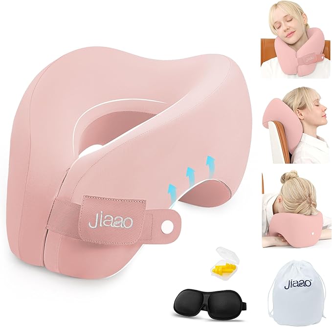 jiaao Neck Pillow Airplane, Memory Foam Travel Neck Pillows for Long Flight, 3D Eye Masks, Ear Plugs and Portable Drawstring Bag, Napping Pillow for Home, Road Trips, Sleep Rest and Travel Use