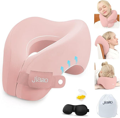 jiaao Neck Pillow Airplane, Memory Foam Travel Neck Pillows for Long Flight, 3D Eye Masks, Ear Plugs and Portable Drawstring Bag, Napping Pillow for Home, Road Trips, Sleep Rest and Travel Use