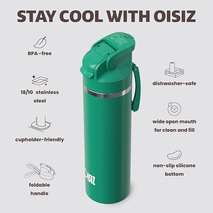 OISIZ Insulated Water Bottle 24 oz with 2 in 1 Spout and Straw Lid,One Click Safety Lock,100% Leakproof,Keep Cold 24H,Vacuum Stainless Steel Water Bottle for School,Travel and Sports,Dishwasher Safe