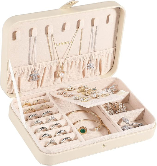 LANDICI Small Jewelry Box for Women Girls, PU Leather Travel Jewelry Case, Portable Jewelry Organizer Storage Holder Display for Ring Earrings Necklace Bracelet Brooch Men Kids Gift, Apricot