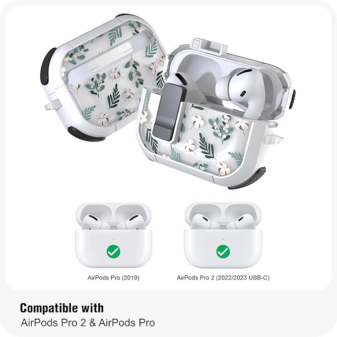 WENEW Case for AirPods Pro & Pro 2 Case Cover Secure Lock Automatic Snap Switch Clip Cleaner Kit Lanyard Women Stylish Leaf Full Body Hard Shell Front LED Visible (Green Leaves, AirPods Pro & Pro 2)