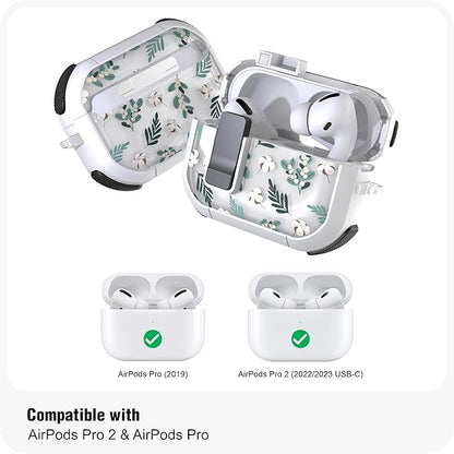 WENEW Case for AirPods Pro & Pro 2 Case Cover Secure Lock Automatic Snap Switch Clip Cleaner Kit Lanyard Women Stylish Leaf Full Body Hard Shell Front LED Visible (Green Leaves, AirPods Pro & Pro 2)