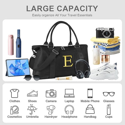 Personalized Initial Gym Dance Bag, Travel Duffel Bag for Teen Girls, Carry On Bag Overnight Weekender Bag with Trolley Sleeve, Birthday Gifts for Women Mom Daughter Graduation Gift(Letter E, Black)