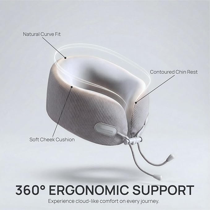 Memory Foam Travel Neck Pillow for Airplane, 360° Head Support Travel Essentials for Long Flights, Breathable Cooling Cover and Compact Storage Case, Portable Gift for Men and Women