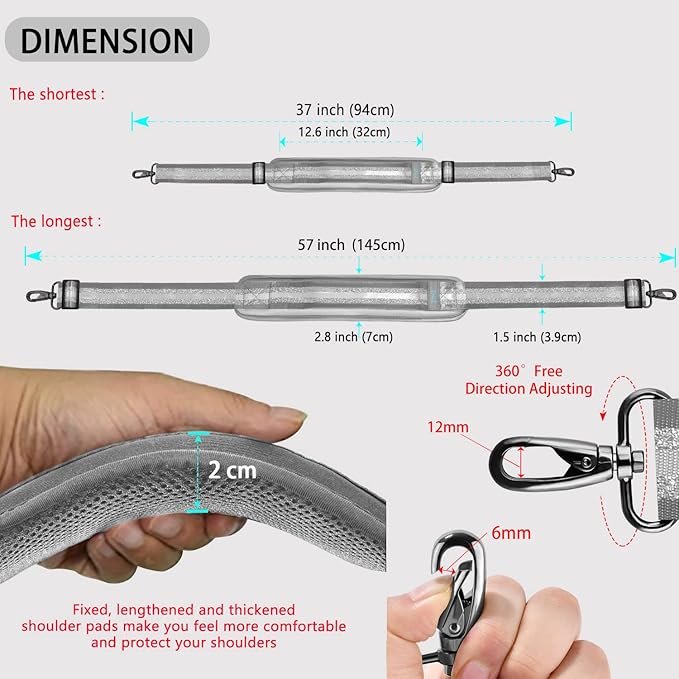 ZINZ 79 inch Shoulder Strap, Extra-thick Fixed Cushion Pad and Dual Clasps Universal Replacement Strap with Metal Swivel Hooks for Laptop Bags, Luggage Bags, Camera, Crossbody (200cm,Gray Silver)