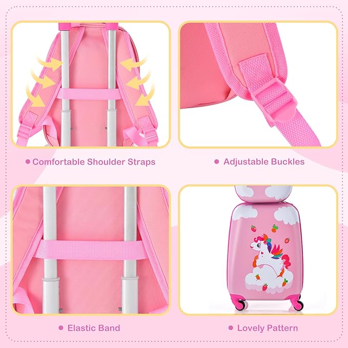 HONEY JOY Kids Luggage, 12" Toddler Backpack & 16" Travel Suitcase with Wheels, Lightweight Toddler Girls Suitcase, Durable ABS Hardshell, 2Pcs Carry On Luggage Set for Boys Girls(Unicorn)