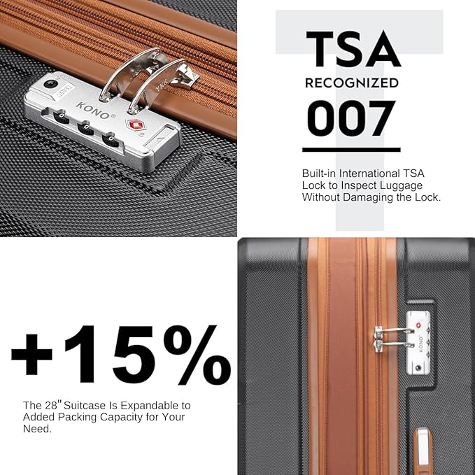 Kono 4 Piece Luggage Sets Expandable(only 28") with Spinner Wheels TSA Lock Lightweight PC+ABS Hardside Travel Rolling Suitcases 20in 24in 28in Carry on and 12in Mini Cosmetic Case Apricot Black