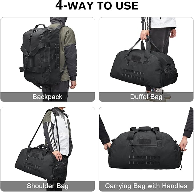 G4Free 70L Large Tactical Duffle Bag Men Sports Gym Backpack with Shoes Compartment Military MOLLE Duffel Backpack ( Black)