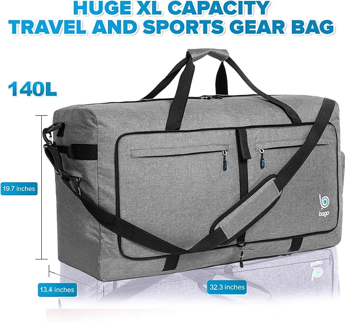 Bago Big XXL Foldable Duffel Bags for Traveling Women & Men - 140L Packable Duffle Bag for Travel with Shoe Compartment - Water Repellant, Heavy Duty, Lightweight Folding & Collapsible (SnowGray)