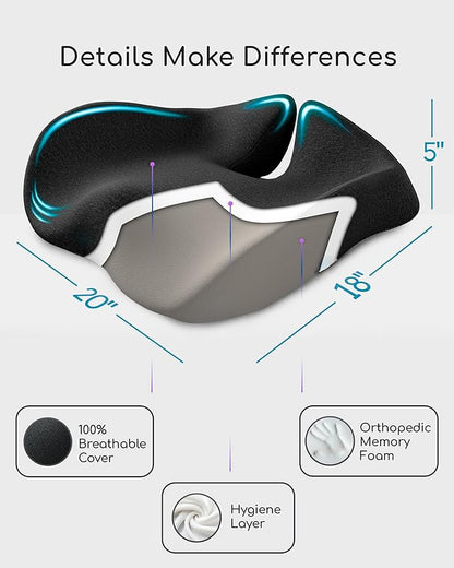 Extra Large Memory Foam Seat Cushions for Office Chairs, Pressure Relief Seat Cushion for Tailbone Pain Relief, Sciatica & Back Pain, Ergonomic Office Chair Cushion for Long Sitting & Driving (Black)