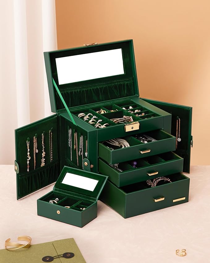 Homde 2 IN 1 Jewelry Box for Women Girls with Small Travel Case Mirror Necklace Ring Earrings Organizer - Christmas Gifts (Forest Green + Gold)