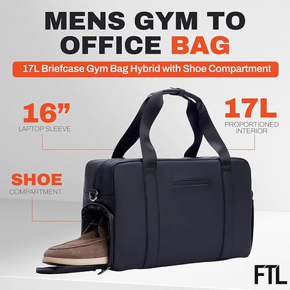 The FTL Lite Mens Gym to Office Bag - 17L Briefcase Gym Bag Hybrid with Shoe Compartment & 16" Laptop Sleeve - Executive Daily Carry & Overnight Duffel for Athletic Business Pros - Kenmare Black
