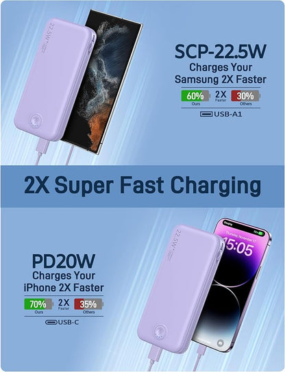 22.5W Super Fast Charging Portable Charger with Wall Plug,12000mAh USB-C Power Bank Built-in 2 Cable, Lightweight Phone Charger Travel Battery Pack for all iPhone, Samsung, Tablets