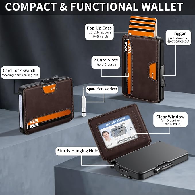 Wallet for Men, Mens Wallet Minimalist Slim Wallet, RFID Blocking Smart Pop Up Wallet with Money Clip & ID Window, Metal Compact Wallet, Aluminum Credit Card Holder Wallet