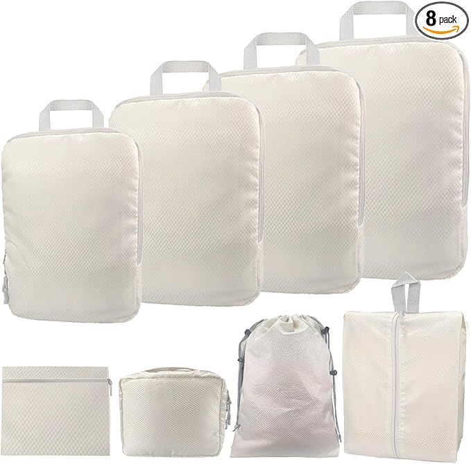 Compression Packing Cubes, 8 Set Organizers for Carry On Suitcases, Travel Essentials, Lightweight Expandable Luggage and Accessories (BEIGE)