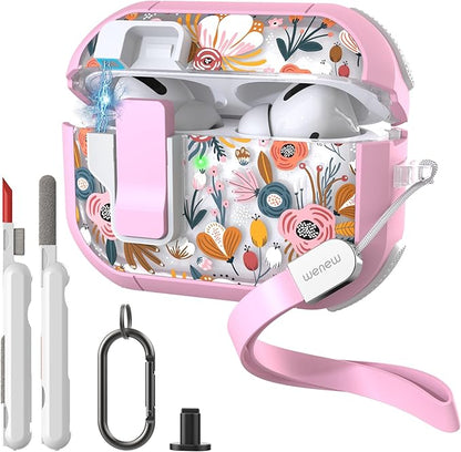 WENEW Case for AirPods Pro & Pro 2 Case Cover Secure Lock Automatic Snap Switch Clip Cleaner Kit Lanyard Women Stylish Flower Full Body Hard Shell Front LED Visible (Pink Flower, AirPods Pro & Pro 2)