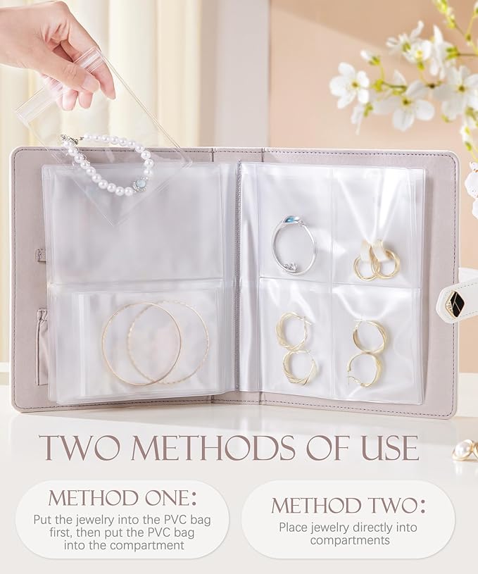 Homde Women Travel Jewelry Box: Traveling Organizer for Ring Necklace Bracelet - Storage Book with Plastic Pouches - Christmas Gifts for Friend Sister Mother