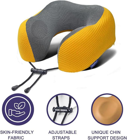 napfun Neck Pillow for Traveling, Upgraded Travel Neck Pillow for Airplane 100% Pure Memory Foam Travel Pillow for Flight Headrest Sleep, Portable Plane Accessories, Luxury Sets (Optional), Yellow