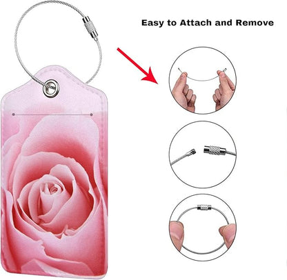 2 Pack Pink Rose Luggage Tags for Suitcases, Pretty Flower Leather Suitcase Backpack Bag Tags Identifiers with Privacy Cover Name Address Labels & Durable Steel Loop for Women Girls Travel