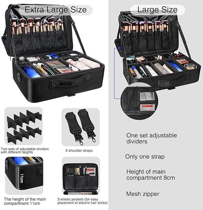 MONSITNA Extra Large Makeup Case 17 Inch Super Large Capacity Travel Makeup Train Case Professional Makeup Artist Case Nail Polish Organizer Storage Box with Two Adjustable Shoulder Strap (Black)