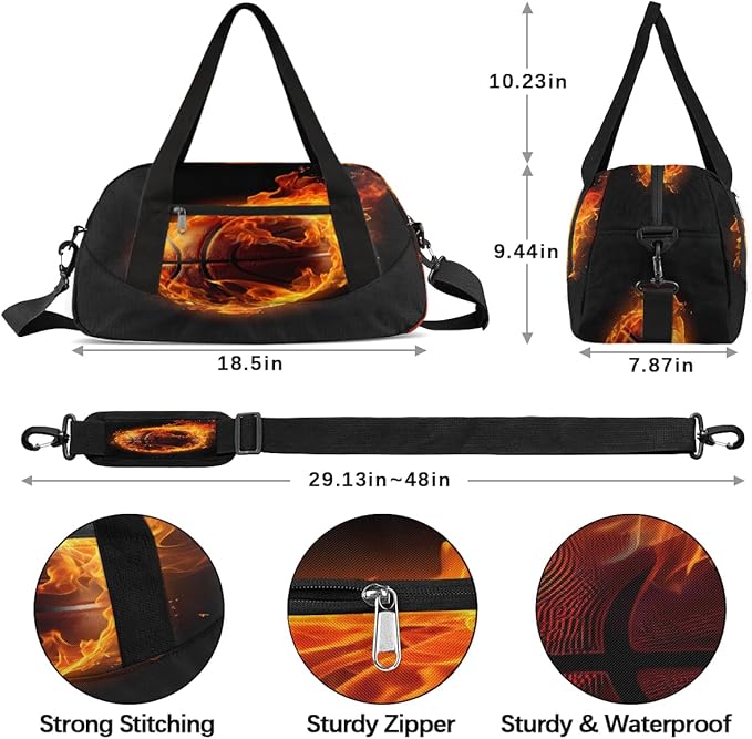 Kids Duffel Bag for Boys Girls Teens, Fire Basketball Waterproof Gym Sports Duffle Bags Dance Travel Overnight Weekender Bag for School Practice