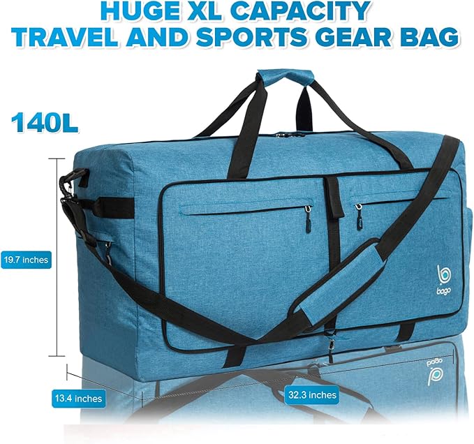 Bago Big XXL Foldable Duffel Bags for Traveling Women & Men - 140L Packable Duffle Bag for Travel with Shoe Compartment - Water Repellant, Heavy Duty, Lightweight Folding & Collapsible (SnowBlue)