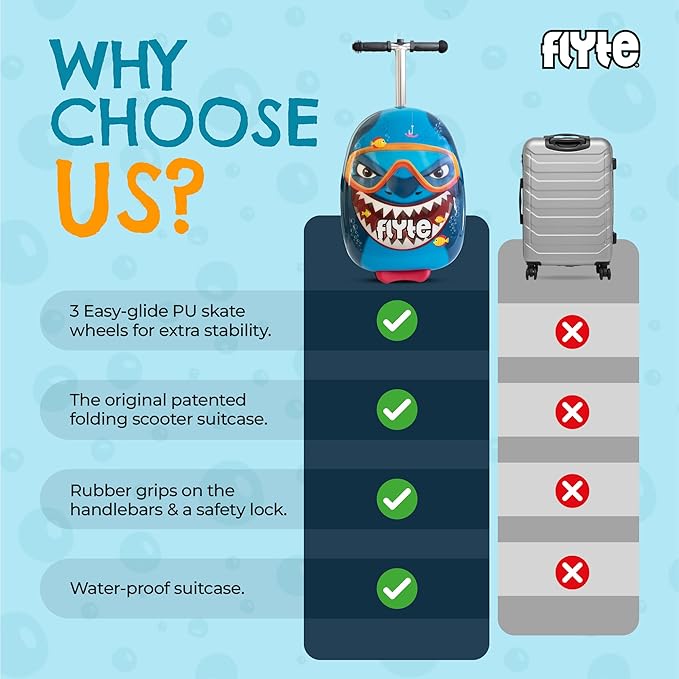 FLYTE Scooter Suitcase Folding Kids Luggage – Stormy the Shark, 18 Inch Hardshell, Ride On with Wheels, 2-in-1, 25 Litre Capacity