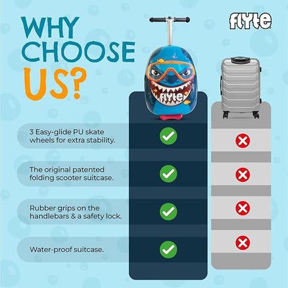 FLYTE Scooter Suitcase Folding Kids Luggage – Stormy the Shark, 18 Inch Hardshell, Ride On with Wheels, 2-in-1, 25 Litre Capacity