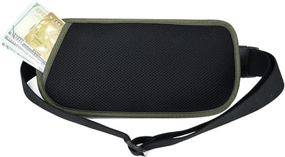 RFID Blocking Money Belt for Men Women, Slim Fanny Pack for Travel，Running,Conceal Waist Wallet for Passport Holder,Phone,Cash(Black Dark Olive Green)