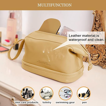Abiudeng Large Capacity Makeup Bag Ladies Cosmetic Bag Travel Bag with Compartments Portable PU Leather Travel Makeup Bag with Handle