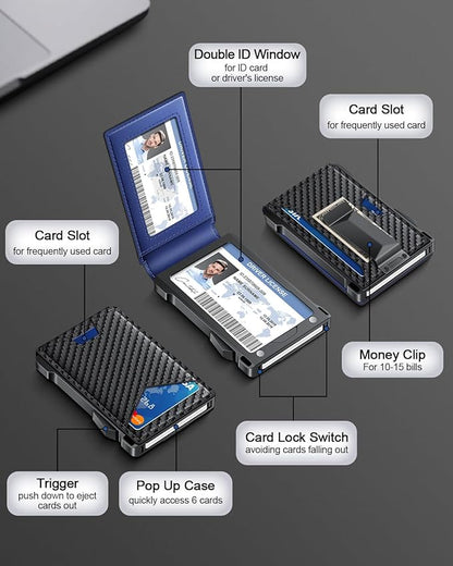Wallet for Men RFID Wallet with 2 ID Windows & Money Clip, Slim Pop Up Card Holder for 10-12 Cards, Bifold Minimalist Smart Wallet for Front Pocket, Compact Metal Credit Card Holder, Gifts for Men