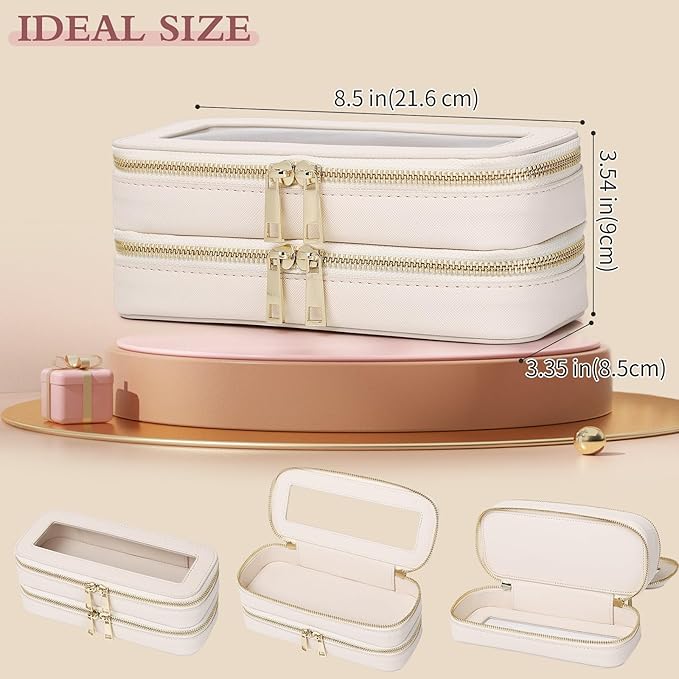 Pinkmik Double Layer Makeup Bag Makeup Brush Case Waterproof Travel Cosmetic & Toiletry Bag Purse Organizer and Car Essentials for Women (Beige, Double SLIM)