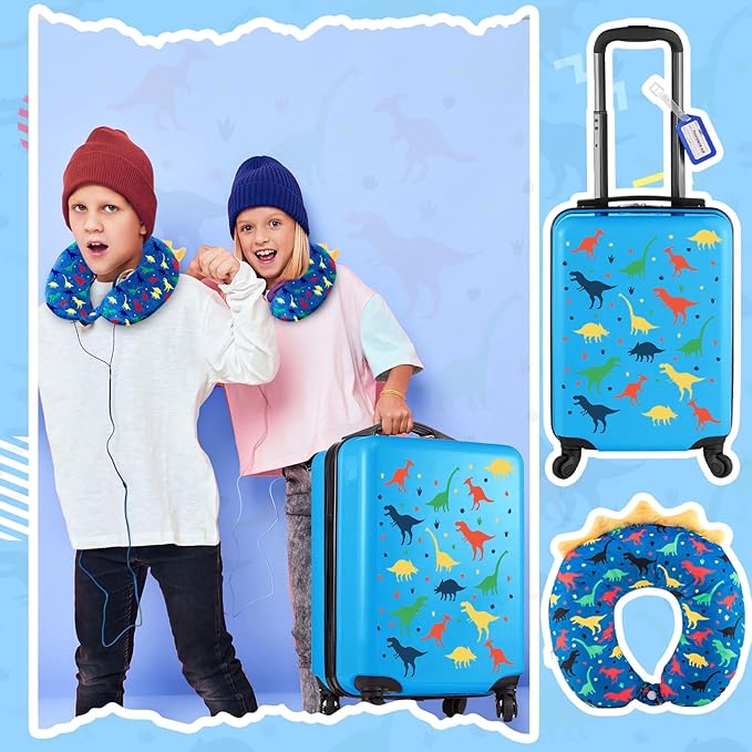 Redbaker 6 Pcs Kids Luggage Set 17 Inch Kids Rolling Luggage Double Pattern Suitcase for Girls Boys School Gift(Dark Blue,Dinosaur Style)