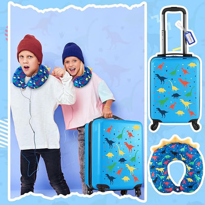 Redbaker 6 Pcs Kids Luggage Set 17 Inch Kids Rolling Luggage Double Pattern Suitcase for Girls Boys School Gift(Dark Blue,Dinosaur Style)