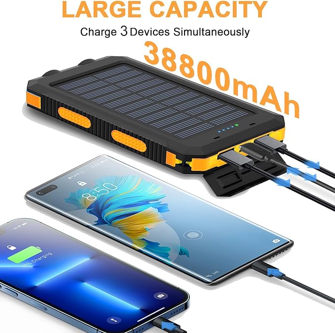 Solar Charger, 38800mAh Portable Type-C Solar Power Bank for All Cellphones, Waterproof Battery Pack, Outdoor External Backup Power Charger Three Outputs/LED Flashlights, Perfect for Camping Travel