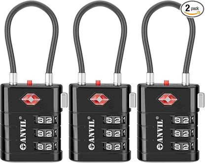 ANVIL TSA Approved Luggage Locks – High Security TSA008 Combination Travel Locks with Inspection Indicator for Suitcases and Backpacks. (3, Black)