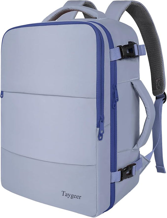 Taygeer Large Travel Backpack for Men Women, 35L Carry On Backpack Airline Approved, Personal Item Travel Bag with USB Charging Port & Shoe Compartment, Laptop Backpack for Gym Hiking, Gray Blue