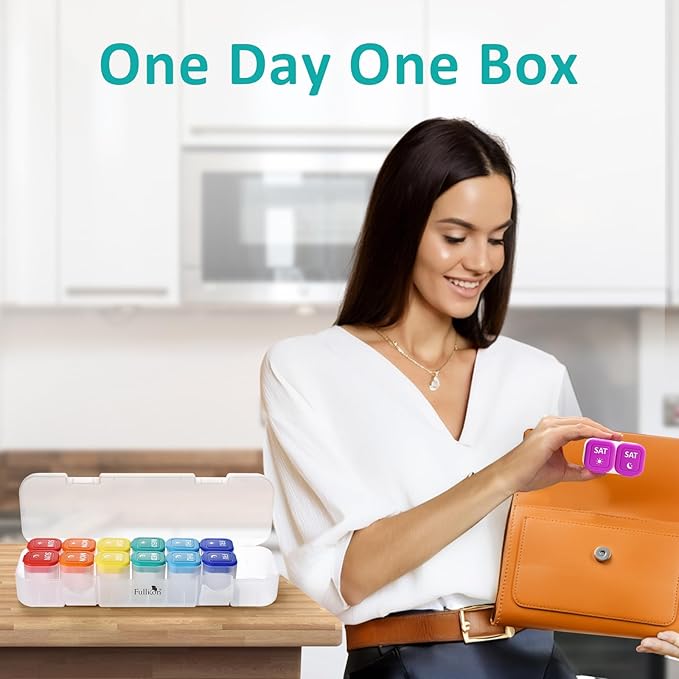 Fullicon Moisture-Proof Pill Organizer 2 Times a Day, Weekly Pill Boxes & Organiser with Silicone Lids, Large Capacity AM PM Pill Organizer 7 Day, Travel Pill Case for Vitamins (Clear Rainbow)