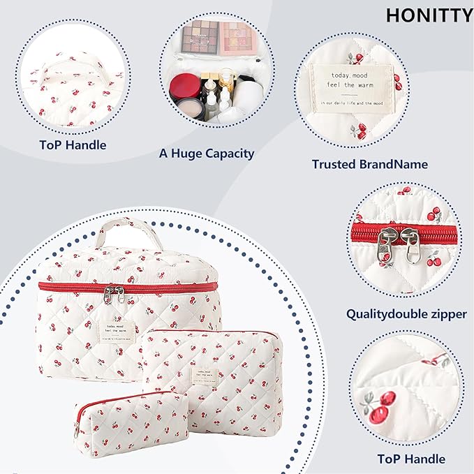 Makeup Bag,Quilted Cosmetic Bags,Large Floral Make Up Organize bag,Makeup Bag Set for Women,Flower Travel Toiletry Bag