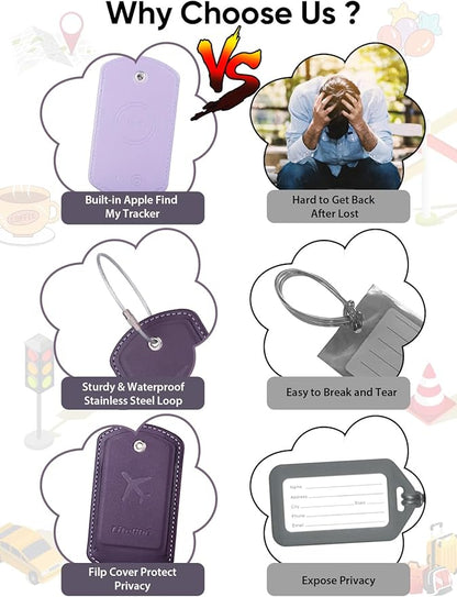 Luggage Tag with Tracker (iOS Only), Premium PU Leather Luggage Tags for Suitcase, Privacy Cover & ID Card Slot, Stainless Loop for Travel Bags, Backpack, Pet Carrier, Ideal Gadgets (Purple)