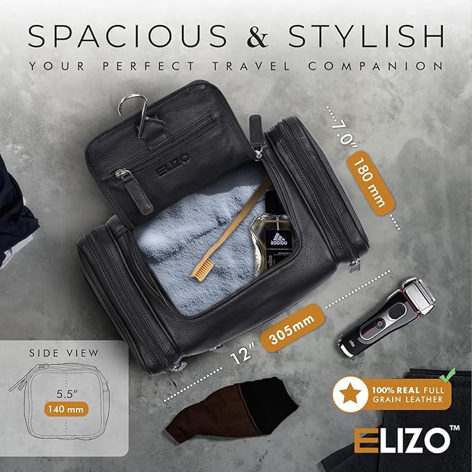 ELIZO Genuine Leather Toiletry Bag for Men Mens Toiletry Bags for Traveling Waterproof Hanging Leather Dopp Kit w/Hook Extra largeToiletry Bag Travel Organizer for Toiletries