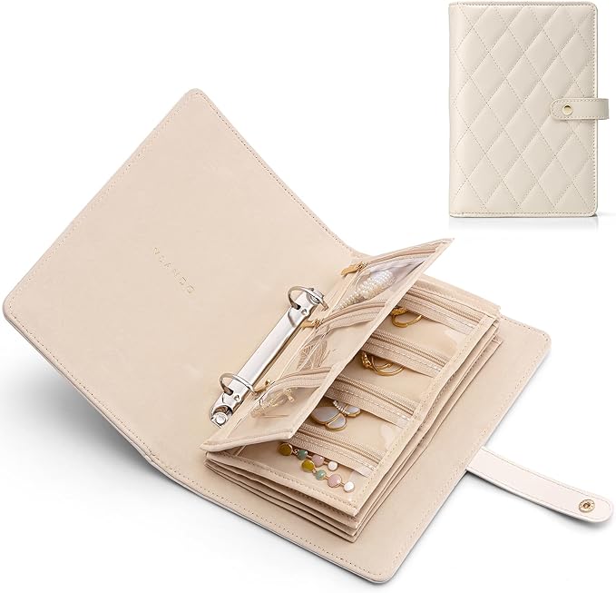 Vlando Teacher Gifts for Women,Travel Jewelry Organizer Case,Jewelry Storage Book Ring Binder with Clear Zipper Velvet Jewelry Pouches Bags for Rings,Necklace,Earrings-Cream White
