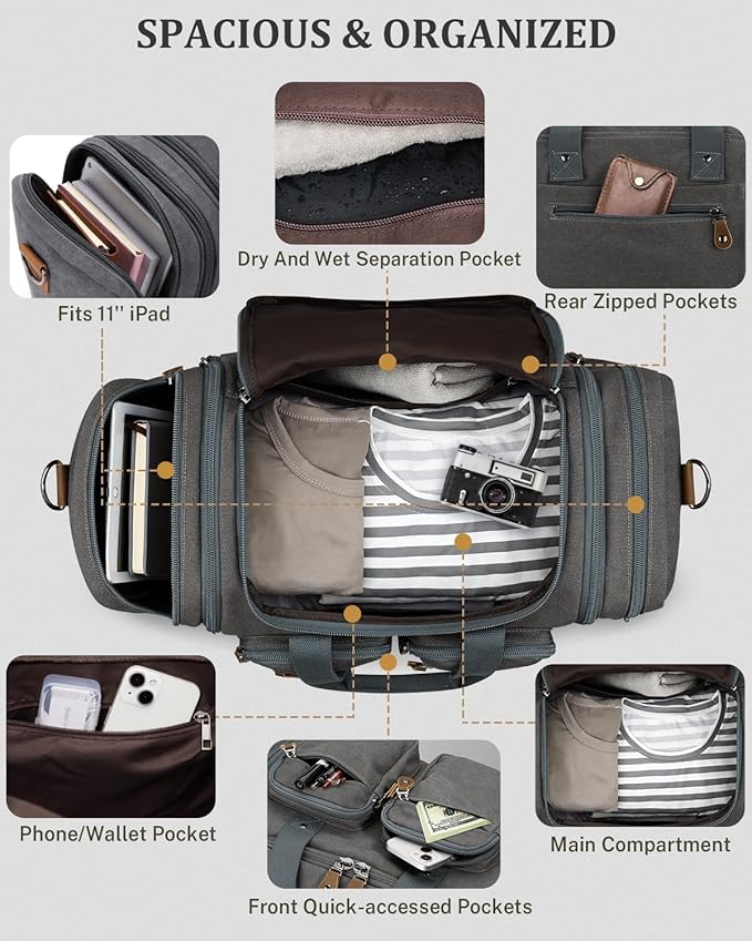 Gonex Canvas Duffle Bag for Travel, Expandable Water Resistant 60L Carry on Duffel Overnight Weekender Gym Bag with Wet Dry Separation Pocket & Suitcase Handle Sleeve, Grey