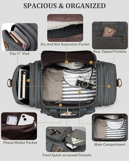 Gonex Canvas Duffle Bag for Travel, Expandable Water Resistant 60L Carry on Duffel Overnight Weekender Gym Bag with Wet Dry Separation Pocket & Suitcase Handle Sleeve, Grey