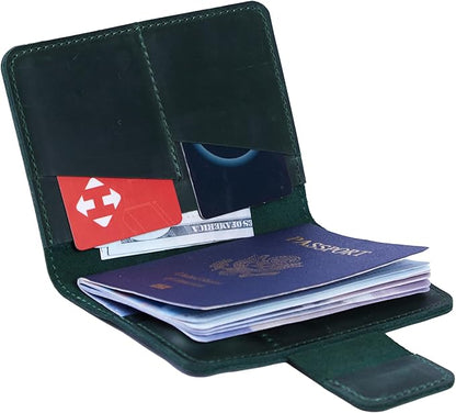 Leather Travel Passport Wallet - Passport Holder for Travel Compatible with Airtag Passports Cover with Card Slots & Note Compartment, Magnetic Closure, Genuine Leather Crazy Horse, Vintage Green