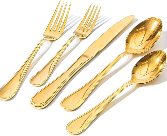 KINGSTONE 60 Piece Teardrop Silverware Set for 12, 18/10 Stainless Steel Flatware Set, Modern Design Cutlery Set for Home/Hotel/Wedding,Mirror Polished and Dishwasher Safe, Gold
